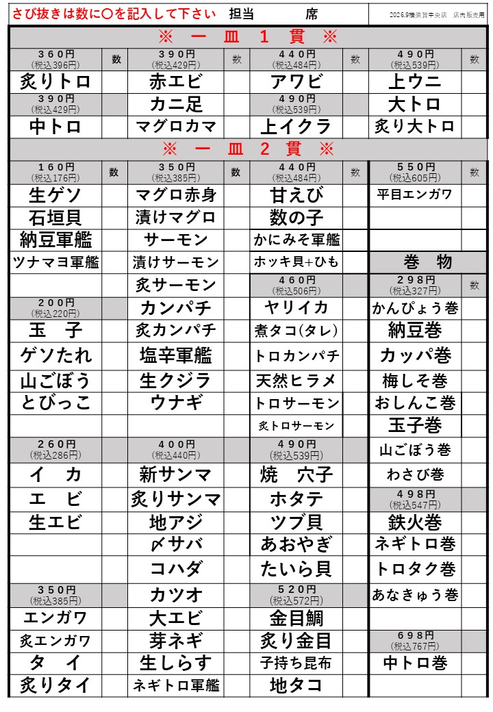 寿司お好みメニュー